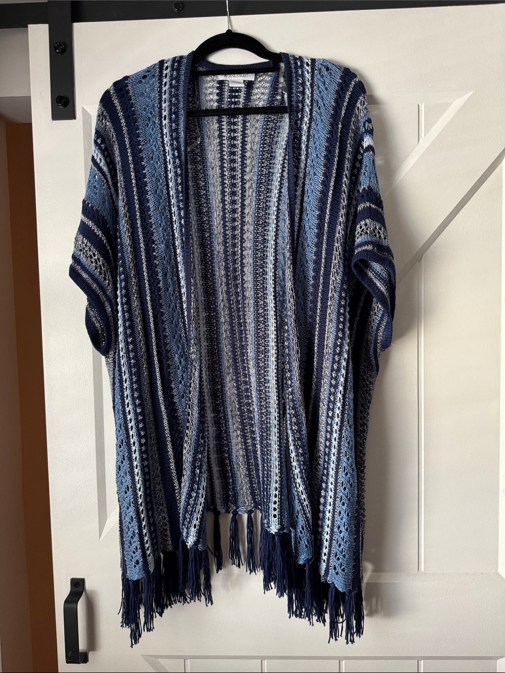 Women's Blue Striped Fringe Open-Front Sweater Cardigan